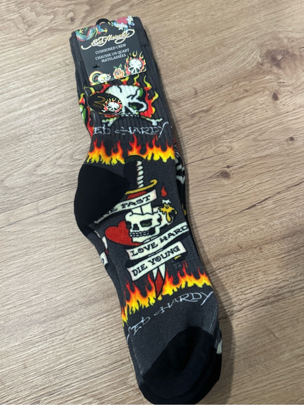 Ed Hardy Black Crew Socks with Red, Yellow & Orange Flame and Skull Design